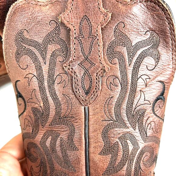 Justin Boots Girls 7 Brown Leather Western Cowboy Boots Pointed Toe Low Heel - Picture 11 of 11